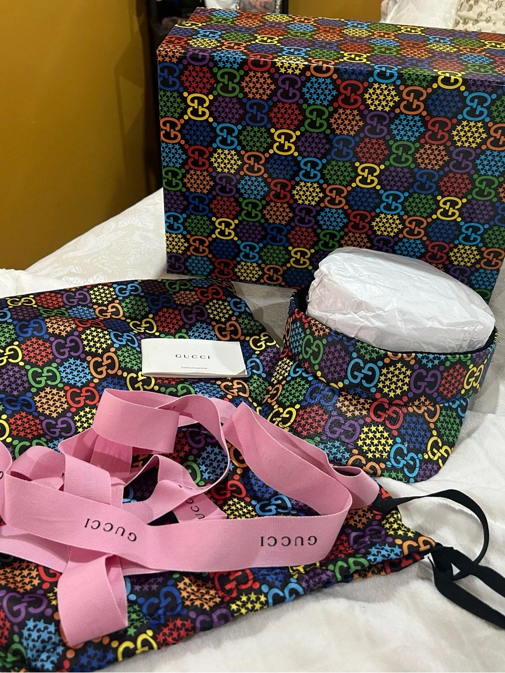Gucci Unisex Multicolor GG Logo Visor Hat with Pink Ribbon
